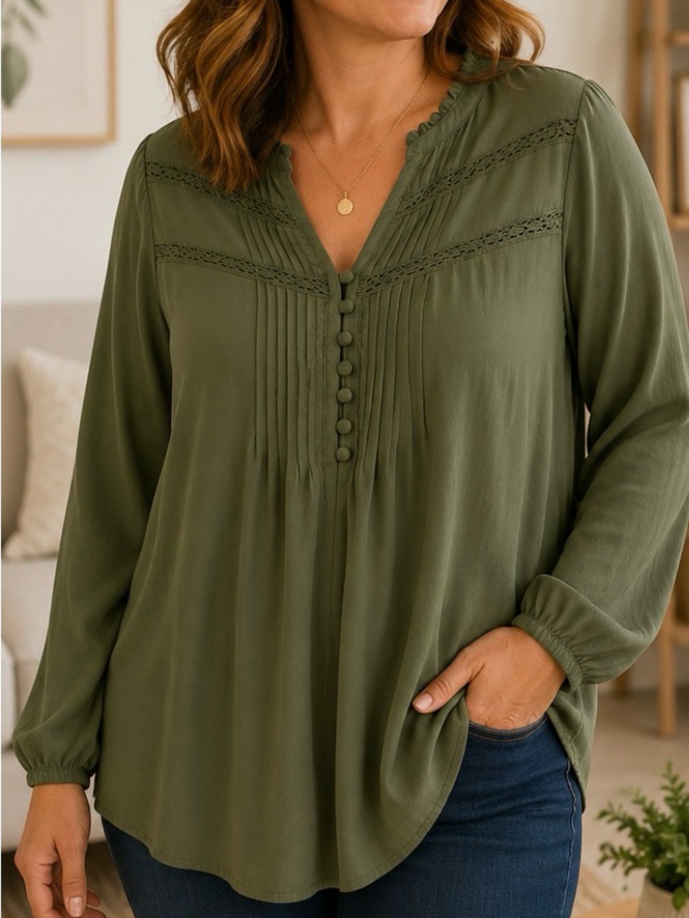 torrid Olive Green Pintuck Lace-Trim Button Blouse